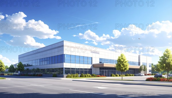 Modern supermarket building exterior against blue sky, Inviting white facade, some clouds, concept of shopping and consume, AI generated