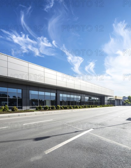 Modern supermarket building exterior against blue sky, Inviting white facade, some clouds, concept of shopping and consume, AI generated