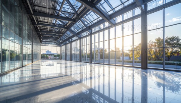 Modern architectural framework with glass and steel structure, glass facade with a greed of steel arrows, blue sky with a soft golden light of a sunrise, AI generated