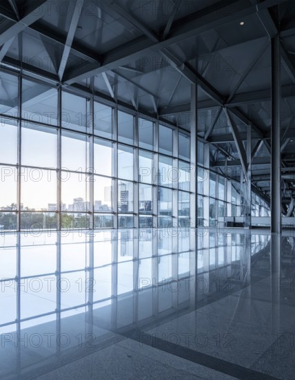 Modern architectural framework with glass and steel structure, glass facade with a greed of steel arrows, blue sky with a soft golden light of a sunrise, AI generated