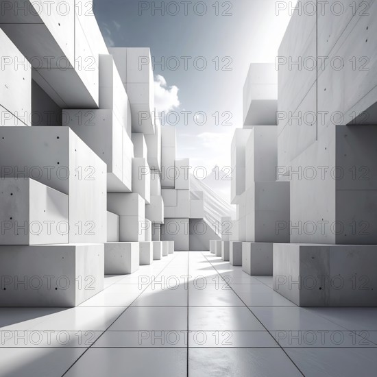 3d illustration of abstract modern architecture background, Minimal geometry architectural design, futuristic car presentation backdrop with empty concrete floor and clear simple lines, white and grey color tones, AI generated