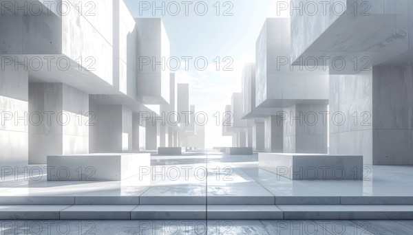 3d illustration of abstract modern architecture background, Minimal geometry architectural design, futuristic car presentation backdrop with empty concrete floor and clear simple lines, white and grey color tones, AI generated