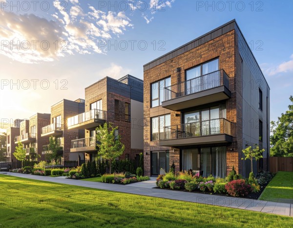 Modern apartment building with balconies and well-kept landscaping at sunset, Modern multifamily housing property with brick, siding facade features balconies, manicured lawns. Contemporary residential buildings offer urban living spaces, condominium options in scenic town, blue sky with a colorful sunrise, AI gererated, AI generated