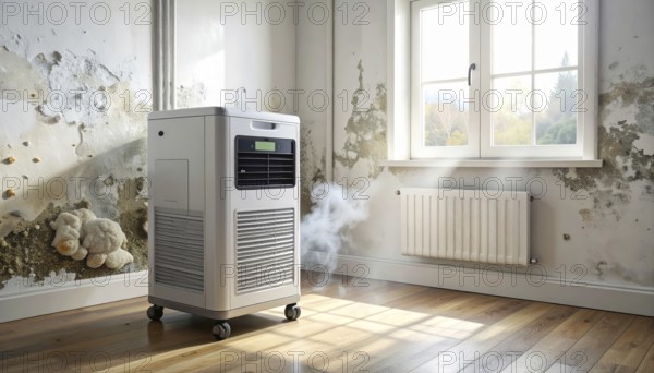A specialized dehumidifier operates in a mold-infested room following water damage, Shell construction at construction site, AI generated