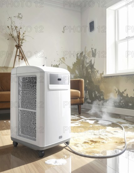 A specialized dehumidifier operates in a mold-infested room following water damage, Shell construction at construction site, AI generated