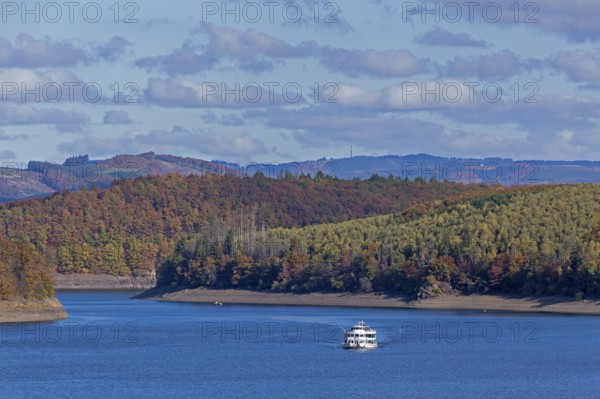 Excursion boat, Biggesee near Sondern, Olpe, Sauerland, North Rhine-Westphalia, Germany