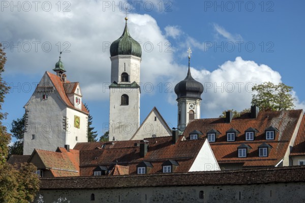Church towers and water tower, Isny, Allgäu, Baden-Württemberg, Germany