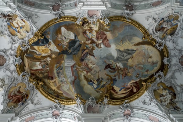 St. George and James Catholic Church, interior view, ceiling frescoes, Isny, Allgäu, Baden-Württemberg, Germany