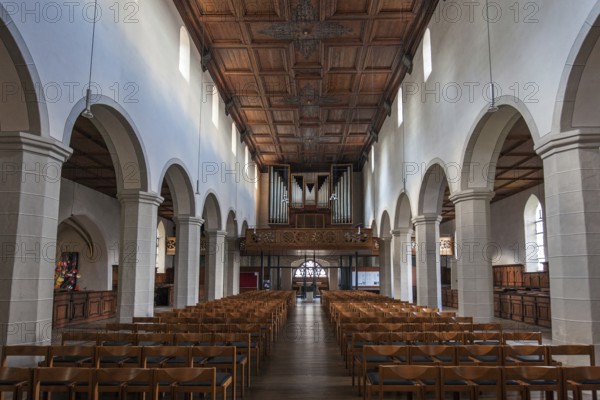 Protestant St. Nicholas Church, interior view, nave, organ at the back, Isny, Allgäu, Baden-Württemberg, Germany