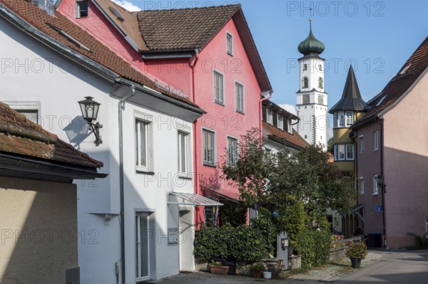 Houses in the old town of Isny, behind Blaserturm, Isny, Allgäu, Baden-Württemberg, Germany