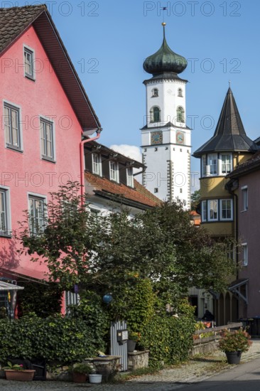 Houses in the old town of Isny, behind Blaserturm, Isny, Allgäu, Baden-Württemberg, Germany