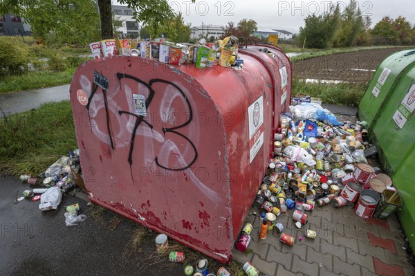 Overfilled can containers, Eckental, Middle Franconia, Bavaria, Germany