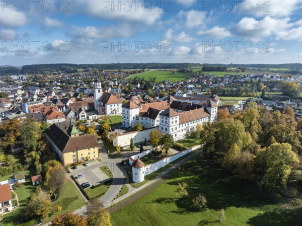 Aerial view of the city of Messkirch with Messkirch Castle and Castle of the Counts of Zimmern, Sigmaringen district, Baden-Württemberg, Germany