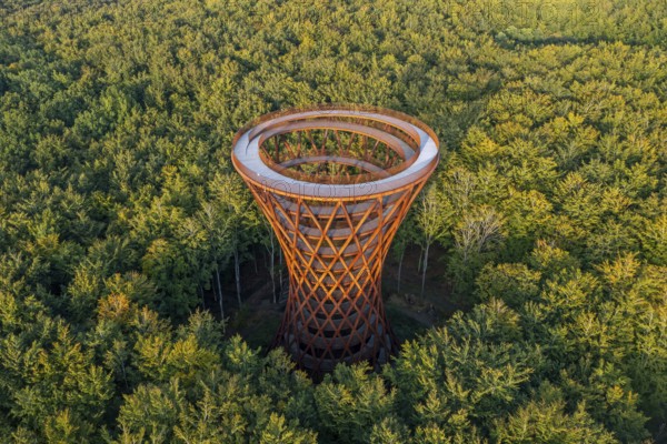 Aerial view over 45-meter-tall hyperboloid observation tower in forest near Gisselfeld monastery at Haslev on Zealand island in late summer, Denmark