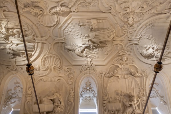 17th century stucco by Jan Hansche on library ceiling of the Park Abbey, Premonstratensian abbey at Heverlee near Leuven in Flemish Brabant, Belgium