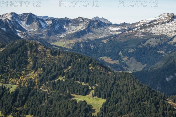 View of Kleinwalsertal and Schwarzwassertal, back mountains of the Allgäu Alps, Vorarlberg, Austria
