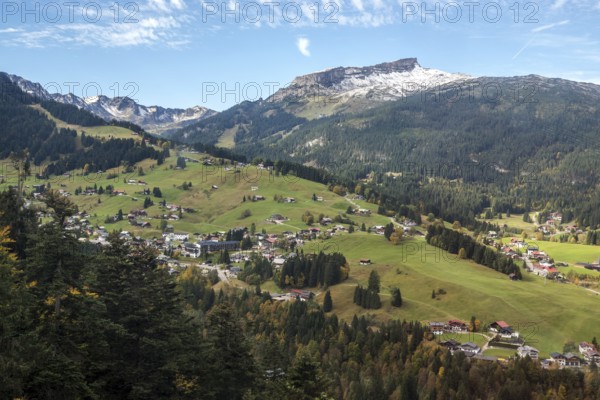 View of Hirschegg and the Kleinwalsertal valley, in the back of Hoher Ifen, Allgäu Alps, Vorarlberg, Austria