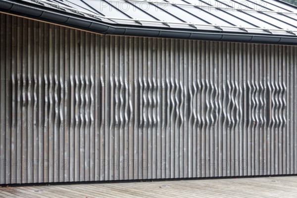 Wooden slats on a building on Freibergsee, Oberstdorf, Oberallgäu, Allgäu, Bavaria, Germany