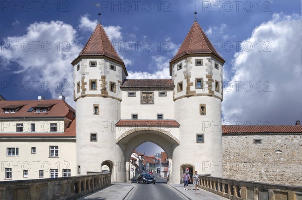 Historic city wall with the Nabburg Gate, rebuilt in Renaissance style, Amberg, Upper Palatinate, Bavaria, Germany