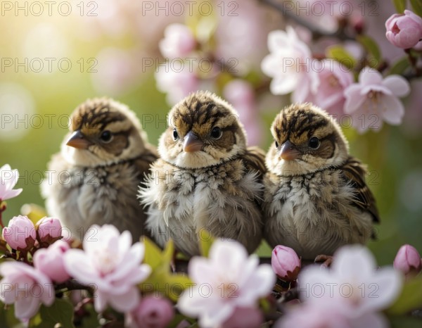Small funny Sparrow Chicks sit in the garden surrounded by pink Apple blossoms on a Sunny may day, AI generated