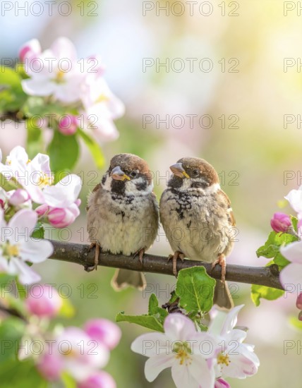 Small funny Sparrow Chicks sit in the garden surrounded by pink Apple blossoms on a Sunny may day, AI generated