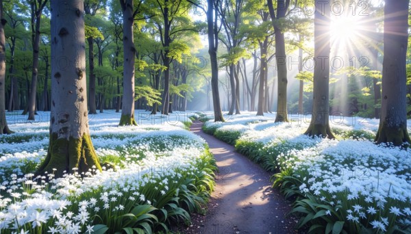 A tranquil forest path lined with white flowers, surrounded by tall trees and bathed in soft sunlight, Pathway through the forest with blooming wild garlic (Allium ursinum) sunny summer day, AI generated