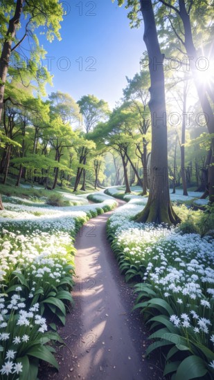 A tranquil forest path lined with white flowers, surrounded by tall trees and bathed in soft sunlight, Pathway through the forest with blooming wild garlic (Allium ursinum) sunny summer day, AI generated