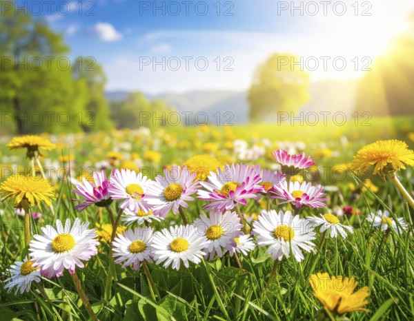 A sunny meadow with daisies in full bloom under bright sunlight, creating a vibrant and cheerful atmosphere, Blooming meadow with lots of white and pink spring daisy flowers and yellow dandelions, sunny day with blue clear sky, beautiful landscape in blurred background, fresh spring and summer nature concept, AI generated