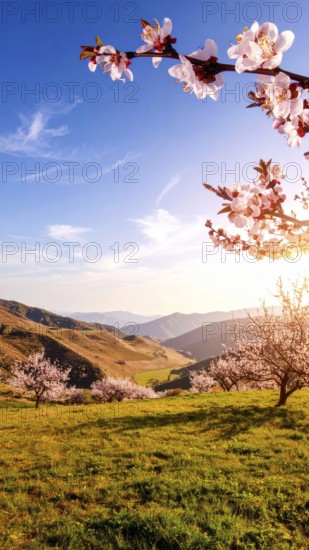 Landscape with a blooming apricot tree, idilyc spring nature, green grass and mountains in background, blue cloudy sky in sunset web banner spring time concept, AI generated