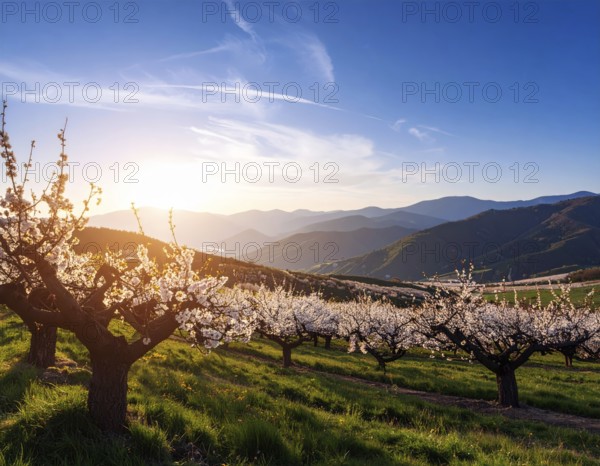 Landscape with a blooming apricot tree, idilyc spring nature, green grass and mountains in background, blue cloudy sky in sunset web banner spring time concept, AI generated