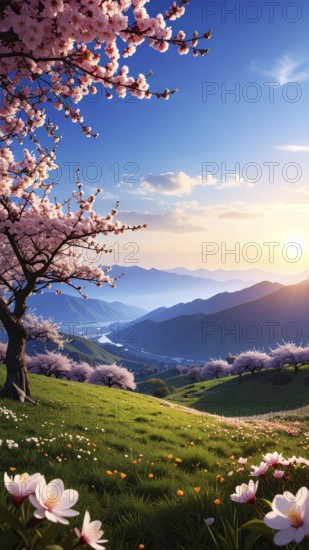 Landscape with a blooming apricot tree, idilyc spring nature, green grass and mountains in background, blue cloudy sky in sunset web banner spring time concept, AI generated