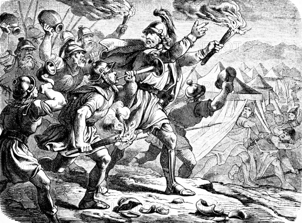 Gideon raids the Midianites camp, night, burning torches, warriors, weapons, noise, trumpet, pitchers, surprise, horror, battle, book of judges, chapter 7, Old Testament, Bible, historical illustration 1877
