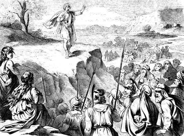 On Mount Grisim, Jotham tells the men of Shechem a fable, warrior with lances, Abimelech, woman, listener, god, king, mountains, landscape, book of judges, chapter 9, Old Testament, Bible, historical illustration 1877