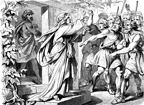 People spoke to Joash, give your son Gideon, he must die, Gideon and his men destroy the altar of Baal, God's command, Jerubaal, Midianites, Amaletites, Orient, group, anger, calm down, front door, sticks, book of judges, chapter 6, Old Testament, Bible, historical illustration 1877