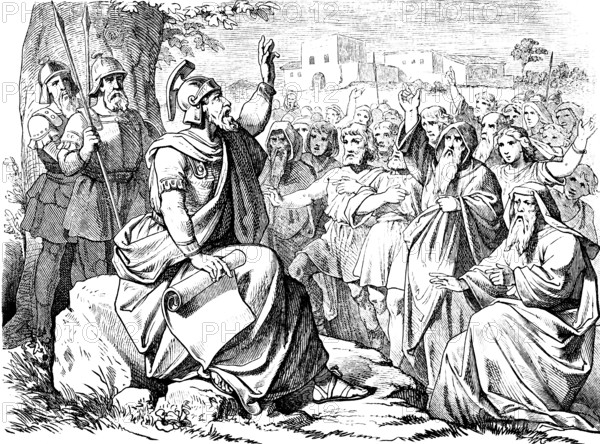 Before his death, Joshua gathers the tribes of Israel around him, address, people of Israel, serve God, land of Canaan, Isaac, Egypt, guards with lances, roll of paper, helmet, book of Joshua, chapter 24, Old Testament, Bible, historical illustration 1877
