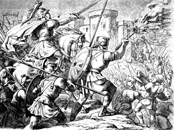 The city of Ai is captured by ambush, fire, city wall, battle, sword, lances, death, king arrested, God, cunning, Israelites, book of Joshua, chapter 8, Old Testament, Bible, historical illustration 1877