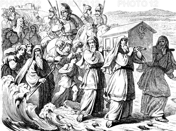 Twelve men carry the Ark of the Covenant through the Jordan Twelve stones, dry riverbed, water wave, children of Israel, Reubenites, Gadites, tribe of Manasseh, priest, God, book of Joshua, chapter 4, Old Testament, Bible, historical illustration 1877