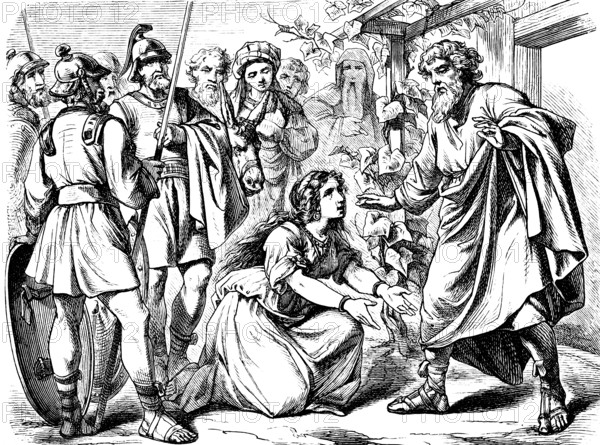 Ascha kneels in front of her father Caleb and said, Give me your blessing, God, marriage to Athniel, war, group of warriors, helmet, lances, please, book of judges, chapter 1, Old Testament, Bible, historical illustration 1877