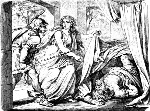 Jael kills Sissera with hammer and nail and shows him to the warrior Barak, room, slain, curtain, lying on the floor, book of judges, chapter 4, Old Testament, Bible, historical illustration 1877