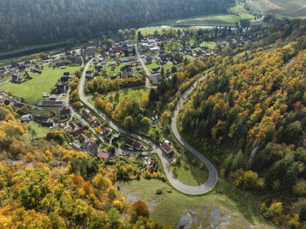 Aerial view of the viewpoint, shovels and Hausen Castle, also known as the Hausen ruins, surrounded by autumn vegetation on the village of Hausen in the valley in the Upper Danube Valley, Beuron, Sigmaringen district, Baden-Württemberg, Germany