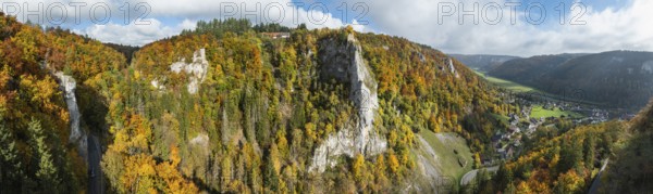 Aerial view, panorama from the viewpoint, shovels and Hausen Castle, also known as the Hausen ruins, surrounded by autumn vegetation, a ruin of a castle above the village of Hausen in the valley in the Upper Danube Valley, Beuron, Sigmaringen district, Baden-Württemberg, Germany