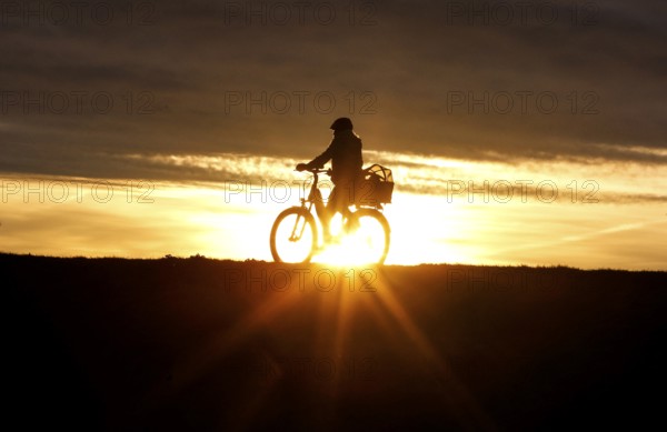 Cyclists ride on a cycle path on the island of Fehmarn at sunset, 13.10.2025, Fehmarn, Schleswig-Holstein, Germany