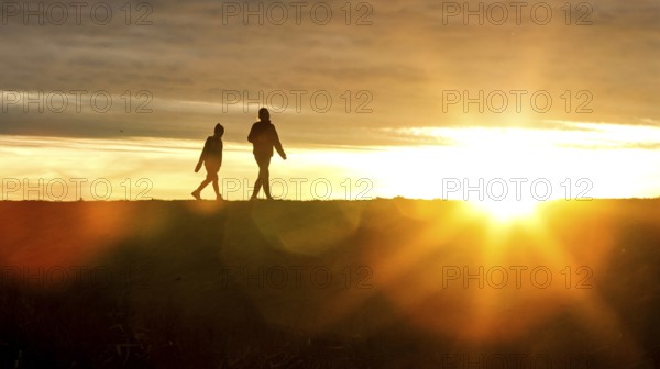 Woman and child walk across a dike on the island of Fehmarn at sunset, 13.10.2025, Fehmarn, Schleswig-Holstein, Germany