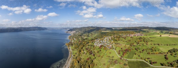 Aerial view, panorama of Lake Constance, Überlinger See, surrounded by autumn vegetation with the village of Hödingen, on the horizon the Bodenseegemeinde Sipplingen, Bodanrück on the left, Bodenseekreis, Baden-Württemberg, Germany