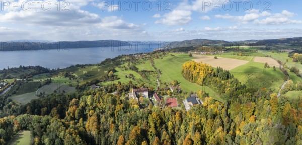 Aerial view, panorama of Lake Constance, Überlinger See, surrounded by autumn vegetation with Spetzgart Castle, Salem International College, Bodanrück on the horizon, Lake Constance District, Baden-Württemberg, Germany
