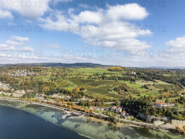 Aerial view of Lake Constance with the village of Hödingen, above Überlingen, surrounded by autumn vegetation, Lake Constance district, Baden-Württemberg, Germany