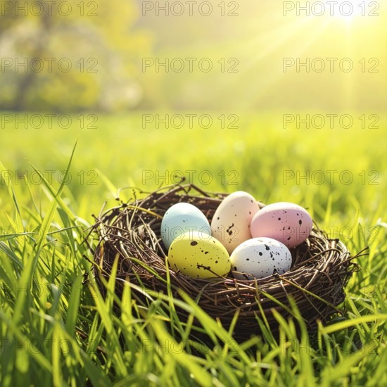 Nest with easter eggs in a basket on grass, sunny spring day, fresh beautiful landscape at daylight, soft focus for calm scenery, festive Easter decoration, wallpaper illustration banner, panorama, background, AI generated