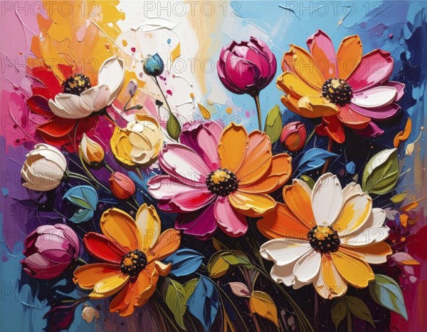 Closeup of abstract rough colorful multicolored organic floral spring flowers art painting texture, with oil acrylic brushstroke, pallet knife paint on canvas wallpaper, AI generated