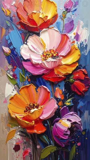 Closeup of abstract rough colorful multicolored organic floral spring flowers art painting texture, with oil acrylic brushstroke, pallet knife paint on canvas wallpaper, AI generated