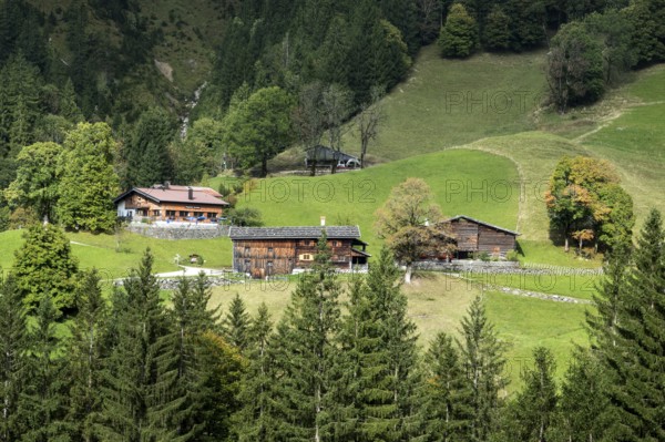 View of historic mountain farming village Gerstruben, Oberstdorf, Allgäu Alps, Oberallgäu, Allgäu, Bavaria, Germany